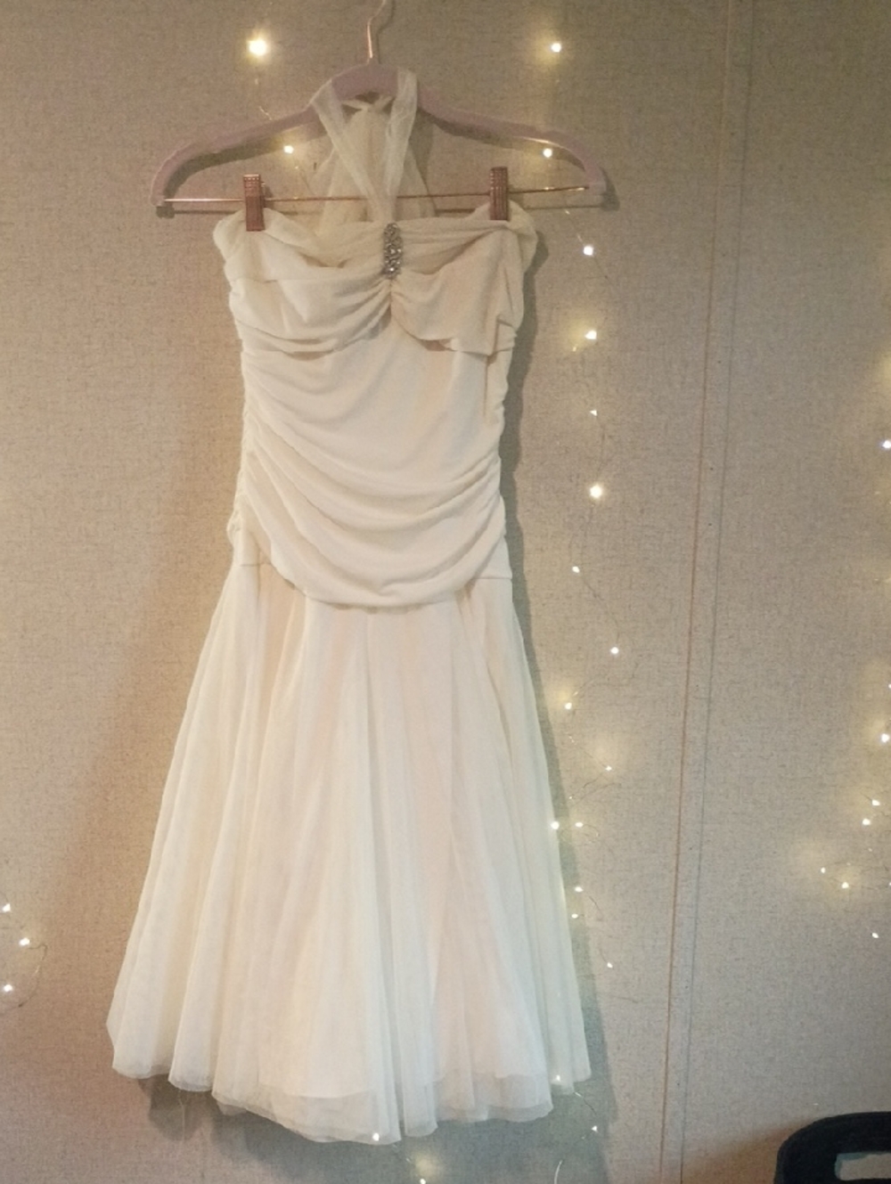 Ivory Halter Chiffon Prom Dress with Draped Bodice and Jewel Detail